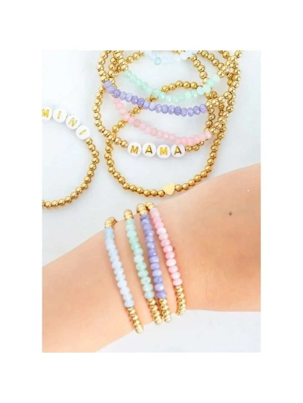 Pink Opal Bracelet Set Waterproof Gold Bracelets Mama & Mini Sizes